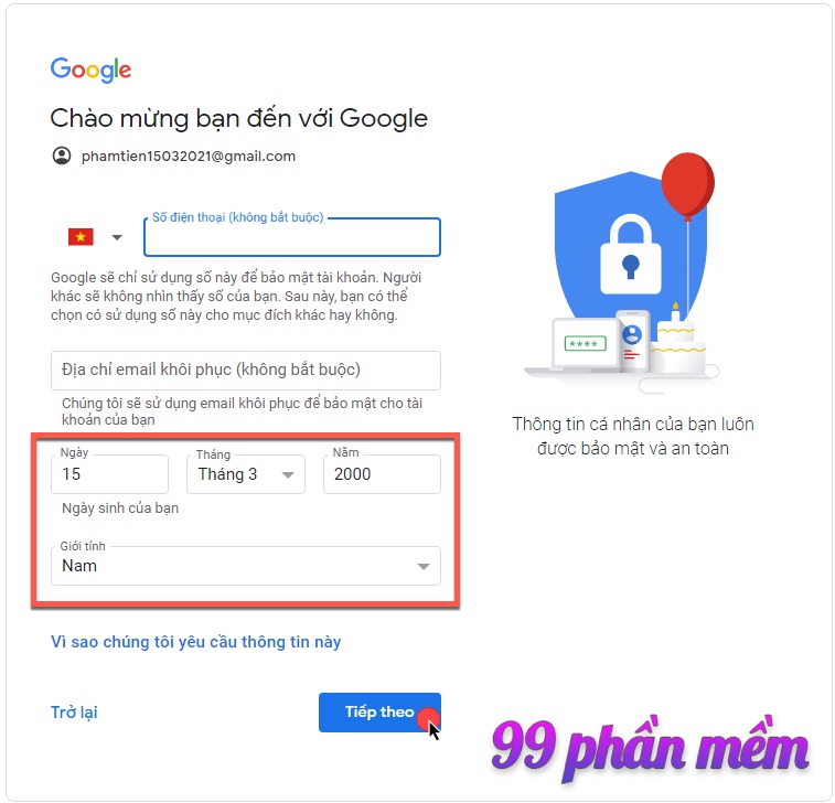 Điền ngày sinh và giới tính google meet